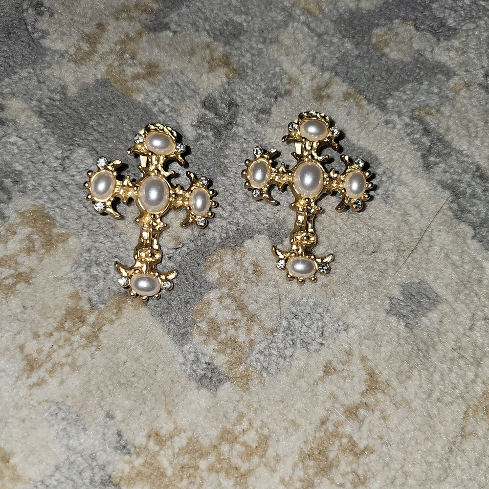 Gold And Pearl Cross Clip-on Earrings